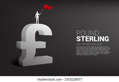 Vector Silhouette of businessman hold red flag money pound sterling currency icon 3D with shadow. Concept for British financial business..