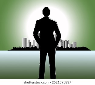 Vector silhouette of businessman looking at his own success.