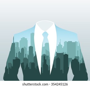 Vector silhouette of businessman and morning city on his jacket