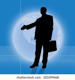 Vector silhouette businessman on background of the planet Earth.