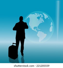 Vector silhouette of businessman on the background of the globe.