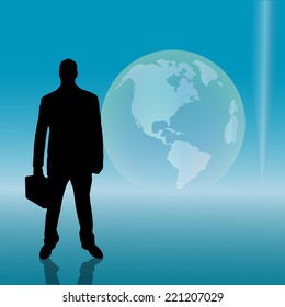 Vector silhouette of businessman on the background of the globe.