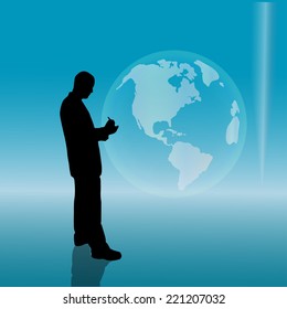 Vector silhouette of businessman on the background of the globe.