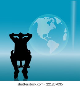 Vector silhouette of businessman on the background of the globe.