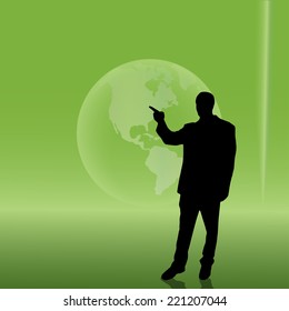 Vector silhouette of businessman on the background of the globe.