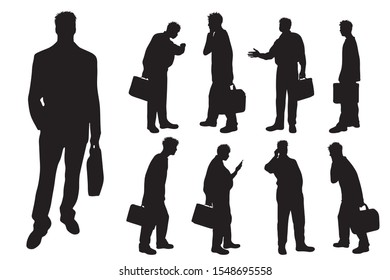Vector silhouette of businessman on white background. Symbol of work, manger, job, man, worker, illustration, walk, call, phone.