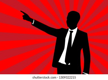 vector of silhouette businessman pointing hand on red ray background