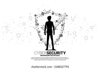Vector Silhouette of businessman with Protection shield icon from dot connect line polygon network. concept of guard security and safety