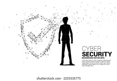 Vector Silhouette of businessman with Protection shield icon from dot connect line polygon network. concept of guard security and safety