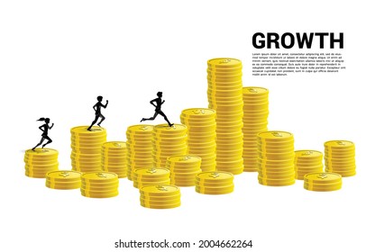 Vector silhouette of businessman run on column of money graph. Concept of risk , success and growth  in business