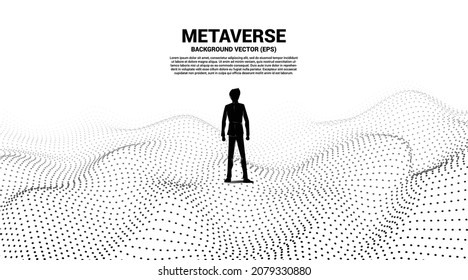 Vector Silhouette of businessman stand and Digital Contour curve dot and line and wave with wireframe . Concept for metaverse and VR technology .