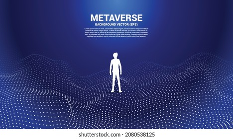 Vector Silhouette of businessman stand and Digital Contour curve dot and line and wave with wireframe . Concept for metaverse and VR technology .