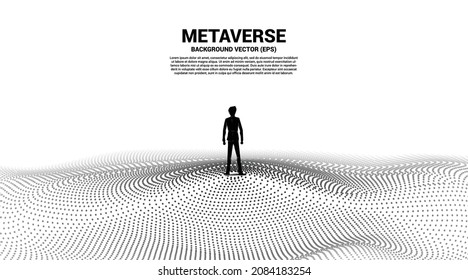 Vector Silhouette of businessman stand and Digital Contour curve dot and line and wave with wireframe . Concept for metaverse and VR technology .