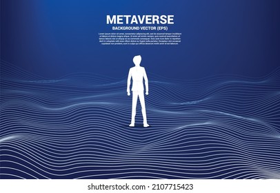 Vector Silhouette of businessman stand and Digital Contour curve dot and line and wave with wireframe . Concept for metaverse and VR technology .