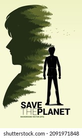 Vector Silhouette of businessman stand with Natural forest inside silhouette man head. background for take care and save the environment.