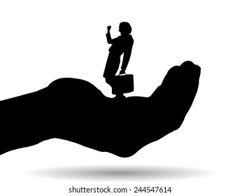 Vector silhouette of a businesswoman on palm on white background.