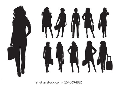 Vector silhouette of businesswoman on white background. Symbol of work, manger, job, woman, worker, illustration, walk, call, phone.