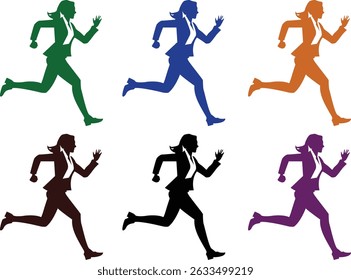 A vector silhouette of a businesswoman running in a clean, minimalist style, symbolizing urgency, ambition, and professional drive—ideal for business and career-themed designs