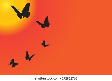 Vector silhouette of butterflies are flying at sunset.