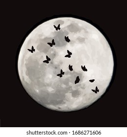 Vector silhouette of butterflies on moon background. Symbol of night.