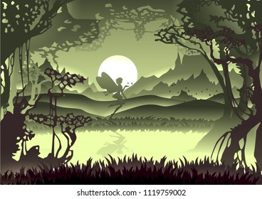 Vector silhouette butterfly angle in forest with moon and moutain at night scene
