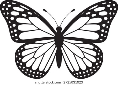 Vektorsilhouette eines Schmetterlings in Schwarz. Einfache Insektenform einzeln auf weißem Hintergrund. Perfekt für Natur, Garten, Tierwelt, Dekoration und Designprojekte.