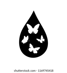 Vector silhouette of the butterfly in the drop on white background.