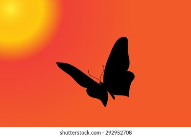 Vector silhouette of butterfly are flying at sunset.