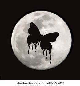Vektorillustration-Silhouette des Schmetterlings auf Mondhintergrund. Symbol der Nacht.