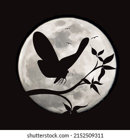 Vector silhouette of butterfly on moon background. Symbol of night and wildlife.