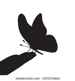 Vector silhouette of butterfly sitting on hand on white background. Symbol of animal, insect, fly, migratory, people, care.
