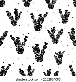 Vector silhouette cactus seamless pattern with purple flowers on white background. silhouette cactus plants isolated on white background.