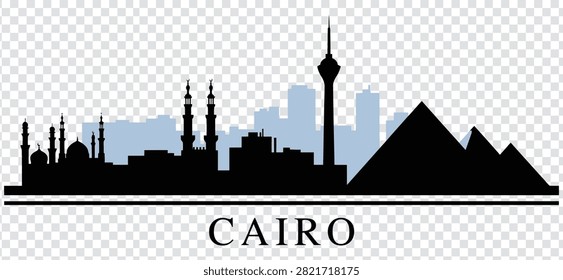 Vector silhouette of Cairo, Egypt skyline. Features iconic landmarks: Pyramids of Giza, mosques with minarets, and the Cairo Tower, blending ancient history with modern architecture.