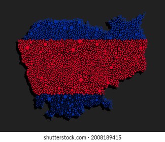 Vector silhouette Cambodia with national flag from color dots isolated on background. Abstract template map Asia country flag for design, illustration, pattern, infographic, backdrop. Symbol Cambodia