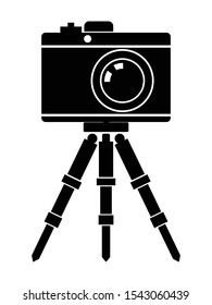 Vector silhouette of camera on tripod. Motives of photography, filming, photo shooting, cinematography, studio, proffessional equpment