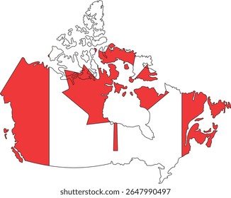 Vector silhouette of Canada filled with national flag colors, featuring the iconic red maple leaf symbolizing unity and Canadian identity