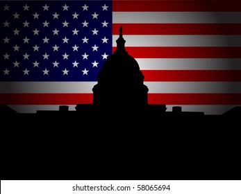 Vector Silhouette Of Capitol Hill In Front Of American Flag