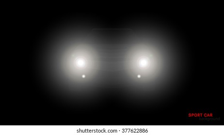 Vector silhouette of car with headlights on black background.