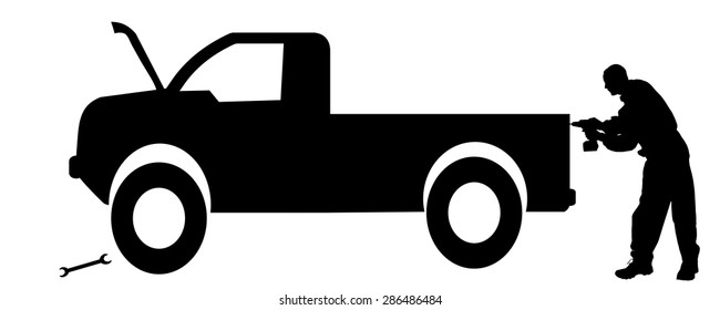 Vector silhouette car repairs on a white background.