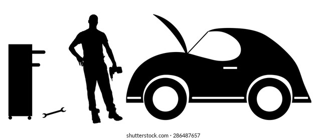 Vector silhouette car repairs on a white background.