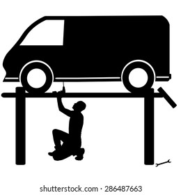 Vector silhouette car repairs on a white background.