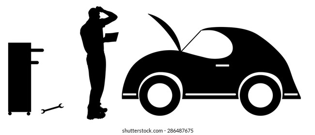 Vector silhouette car repairs on a white background.