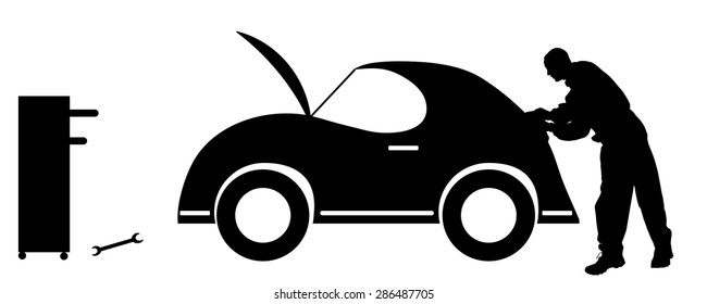 Vector silhouette car repairs on a white background.
