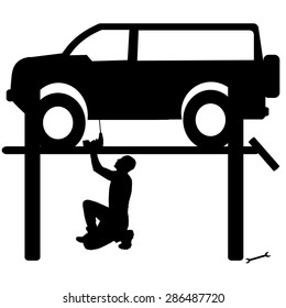 Vector silhouette car repairs on a white background.