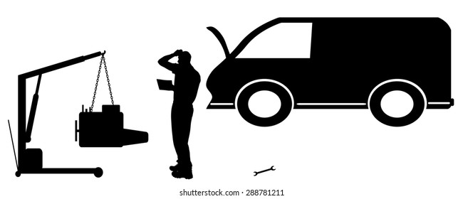 Vector silhouette car repairs on a white background.