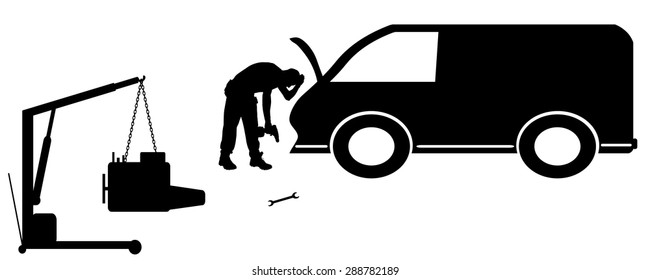 Vector silhouette car repairs on a white background.
