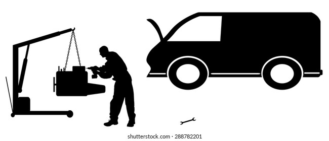 Vector silhouette car repairs on a white background.