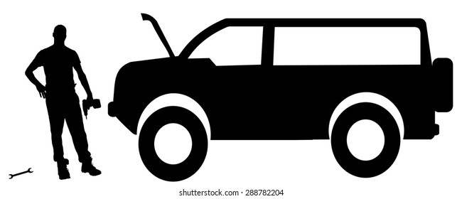 Vector silhouette car repairs on a white background.