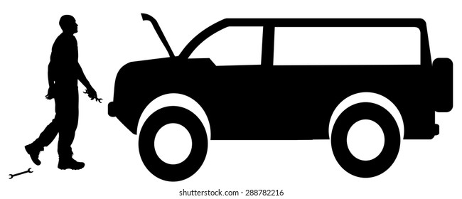 Vector silhouette car repairs on a white background.