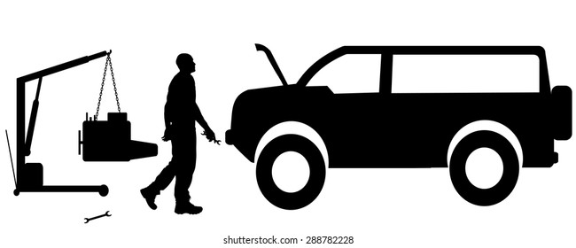 Vector silhouette car repairs on a white background.